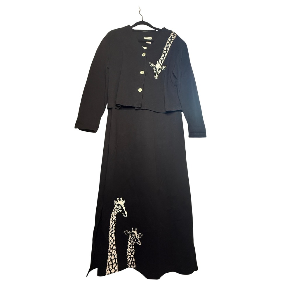 Cite Black Giraffe Maxi Dress Cropped Cardigan Set L Artsy Whimsical